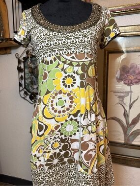 Joyous & Free Y2K Boho 70s Psychedelic Floral Beaded Empire Dress •Size S•